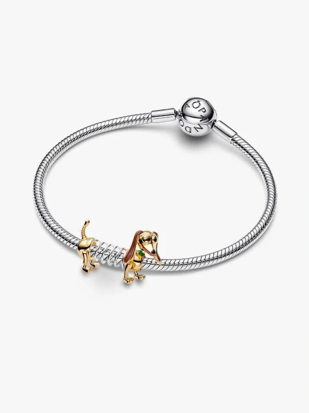 Pandora Silver Bracelet with Gold and Brown Dachshund Charm